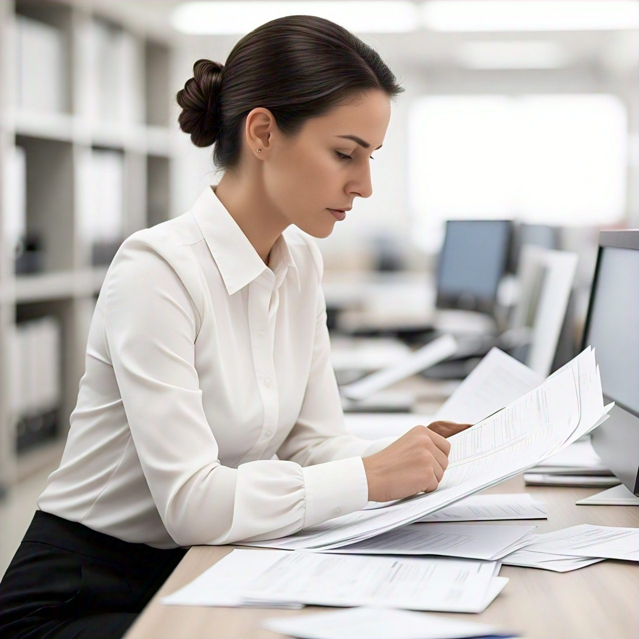 Bank employee reviewing Loan Application forms at her desk in an office.