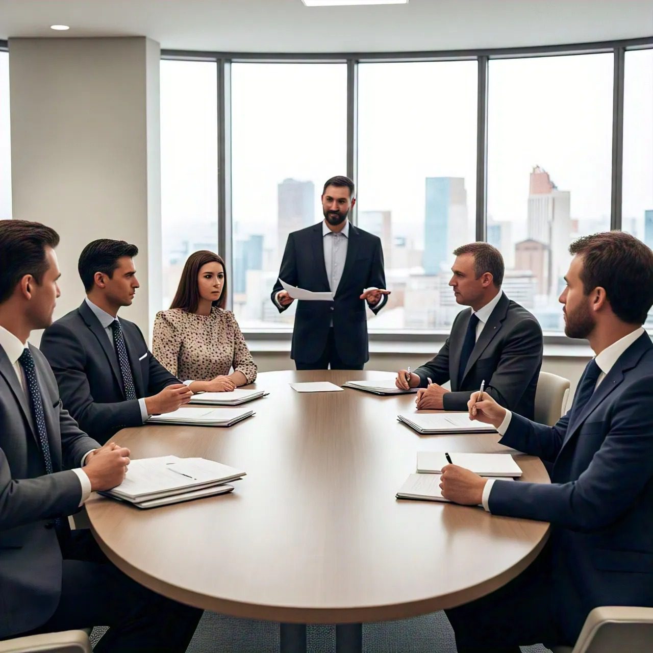 Team meeting in a office with a man standing and presenting to colleagues seated around a table.